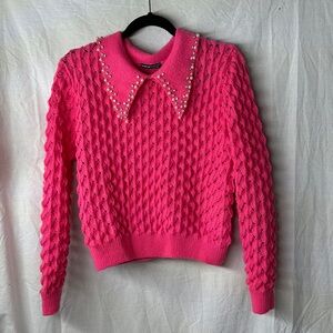 SHEIN Vibrant Pink Knit Sweater With Pearl and Diamond Accents Large BB8